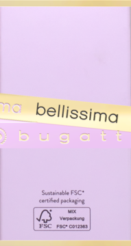 Tył fioletowego opakowania perfum Bugatti Bellissima Viola z certyfikatem FSC i złotą wstążką z nazwą.