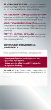 Szczegółowy opis kremu AA Men Advanced Care 40+ z technologią RDS-2, kwasem hialuronowym i peptydami.