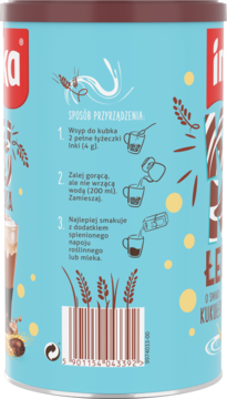 Tył jasnoniebieskiej puszki Inka Kukułeczka, kawa zbożowa rozpuszczalna, z instrukcją i ikonami.