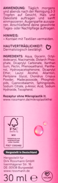 Isana Love Your Skin serum, tył różowego opakowania. Widać składniki (ceramidowy, niacynamid), użycie, certyfikaty.