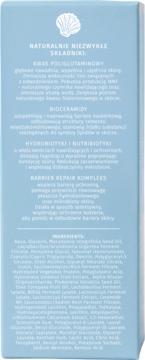Tył jasnoniebieskiego opakowania serum Yope Waterfully, z listą składników, ceramidami i logo muszli.