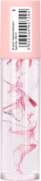 Olejek do ust Lovely Floral Fantasy z różowymi płatkami kwiatów, w przezroczystej butelce z różową nakrętką.