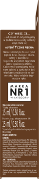 Boczna ścianka brązowego opakowania henny Delia Eyebrow Expert, 15ml, z logo 'NR1' i listą składników.