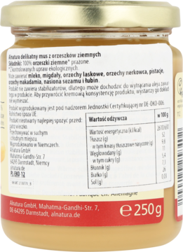 Krem Alnatura z orzechów ziemnych 250g w szklanym słoiku, tył opakowania z białą etykietą i tabelą wartości odżywczych.