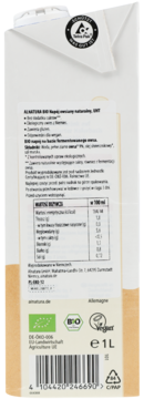 Tył kartonu Alnatura Bio Napój owsiany 1L. Widoczne info o braku cukru, dane odżywcze, certyfikaty bio i kod.