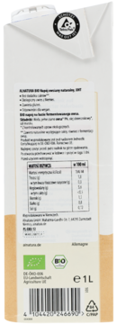 Tył białego kartonu Alnatura BIO Napój owsiany 1L, z czarną nakrętką, bio logo i tabelą wartości odżywczych.