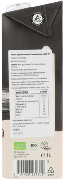 Czarne opakowanie ekologicznego napoju z fermentowanego groszku, tył z etykietą, danymi odżywczymi, logo BIO i VEGAN, 1 litr.