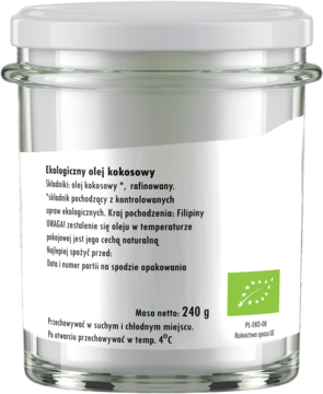 Tył szklanego słoika EkoWital BIO rafinowanego oleju kokosowego z zielonym logo BIO i informacjami o produkcie, masa netto 240g.