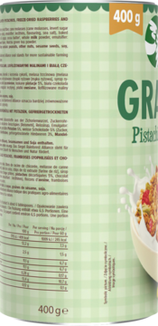 ONEDAYMORE ,granola z pistacjami, liofilizowanymi malinami i białą czekoladą,lewa