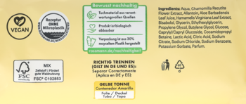 Alouette Deluxe papier toaletowy, tył opakowania: składniki, certyfikaty Vegan, FSC, bez mikroplastiku i 70% recyklingu.
