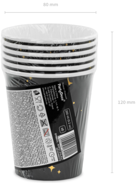 Stos 6 czarnych papierowych kubków imprezowych ze złotymi gwiazdkami, widok pod kątem, z boku widoczne wymiary.