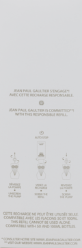 Instrukcja uzupełniania Jean Paul Gaultier Divine Le Parfum, odpowiedzialny refill, schematy na jasnym tle.