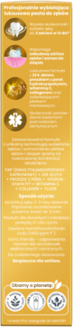 Złote opakowanie pasty Tołpa Royal White Gold, widok z boku, z opisem wybielania, 22K złota, pereł i fluoru.