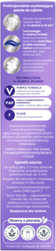 Tył fioletowego opakowania wybielającej pasty Tołpa White ON. Widoczne opisy technologii V-PURPLE POWER, PAP i fluoru.