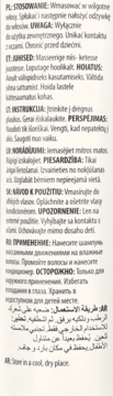 Etykieta szamponu zagęszczającego włosy Alterna Caviar z instrukcjami i ostrzeżeniami w wielu językach.