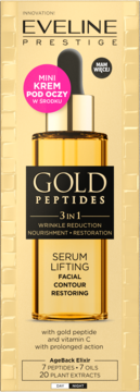 Serum liftingujące Eveline Gold Peptides w złotym pudełku z pipetą. W zestawie mini krem pod oczy.
