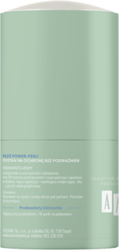 Tył zielonego antyperspirantu AA Power-Feel Protection, biały tekst o 48h ochronie i klinicznym testowaniu.