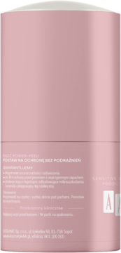 Tył różowego antyperspirantu AA Power-Feel Protection w kulce, widoczne obietnice i dane producenta.