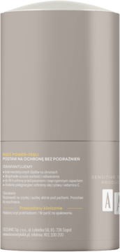 Tył beżowego antyperspirantu AA Power-Feel w kulce. Widoczny opis działania, składników i tekst 'Przebadany klinicznie'.