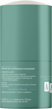 Antyperspirant AA Power-Feel Superfresh, tył turkusowej butelki z opisem PL: ochrona bez podrażnień.