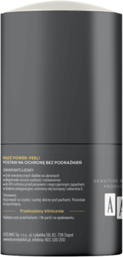 Tył antyperspirantu w kulce AA Iconic & Power-Feel, czarno-złote opakowanie z opisem działania, 48h ochrony.