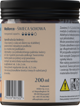 Tył opakowania świecy sojowej Mallorca 200 ml, z instrukcjami użycia i danymi producenta Hiskin, ostrzeżenia.