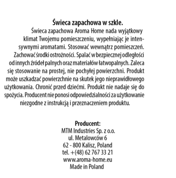 Biała, okrągła etykieta świecy zapachowej Aroma Home Sage & Bamboo z instrukcją użytkowania i danymi producenta.