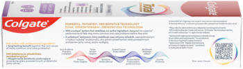 Tył opakowania pasty Colgate Total Active Prevention Gum Care & Sensitivity, z opisem 8 korzyści i diagramem.