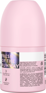 Różowy antyperspirant w kulce so!flow FRESH OF THE RUNWAY, tył z etykietą, widoczne składniki, zapach liczi-kokos.