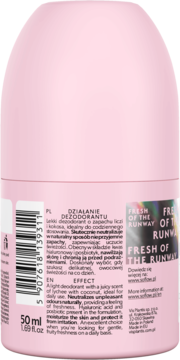 Różowy dezodorant w kulce so!flow o zapachu liczi i kokosa, tył opakowania z opisem i 50 ml.