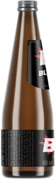 Brązowa szklana butelka gazowanego napoju energetyzującego Black Energy Original 300ml, widok z przodu.