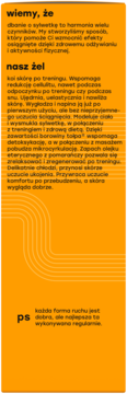 Biały tekst na pomarańczowym tle, opisujący właściwości i korzyści żelu Tołpa Dermo Body Gym.