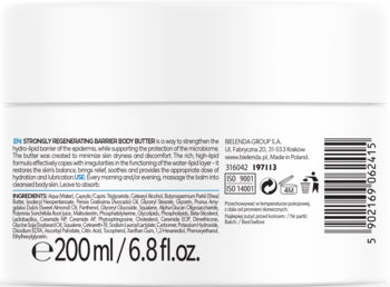 Tył białego opakowania Bielenda Hydro Lipidium Strong Regenerating Body Butter 200ml, z kodem EAN i składem.