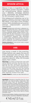 Tył opakowania serum z retinolem, Bielenda Skin Clinic Professional. Biało-czerwona etykieta, instrukcje i skład.