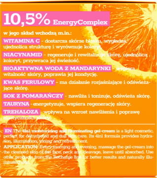Tył opakowania żel-kremu Bielenda Recharge 10,5% EnergyComplex. Lista składników, witamina C i niacynamid. Pomarańczowe tło.