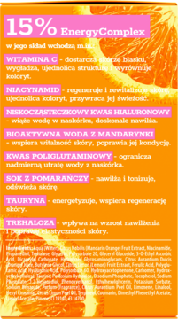 Tył serum Bielenda Recharge 15% EnergyComplex, pomarańczowe opakowanie z opisem działania wit. C i niacynamidu.