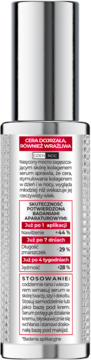 Tył srebrnego serum Bielenda Kolagenowy Stymulator Młodości, etykieta z opisem efektów i stosowania.