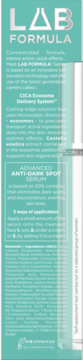 Tył opakowania serum Eveline Lab Formula Advanced Anti-Dark Spot. Tealowy kolor, opis, składniki i 20% kompleks.