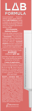 Eveline LAB FORMULA Fotoprotekcyjny Krem Barierowy SPF 50, widok boku opakowania z koralową etykietą i białym tekstem.