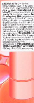 Boczna etykieta Isana Serum pod oczy Love Your Skin z polskim opisem składu (m.in. kofeina, guarana) i instrukcją użycia.