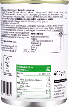 Tył puszki wegańskiego dania Gamek: ciecierzyca, marchew i mleko kokosowe. Biała etykieta, wartości odżywcze, 400g.
