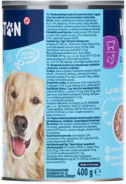 Tył niebieskiej puszki karmy Winston dla dorosłych psów: jagnięcina, kurczak, marchewka, makaron. Widoczny golden retriever.