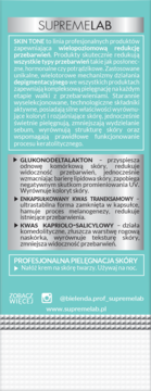 Fragment opisu Supremelab Skin Tone, nocnego kremu na przebarwienia. Widoczny skład i zastosowanie na turkusowym tle.