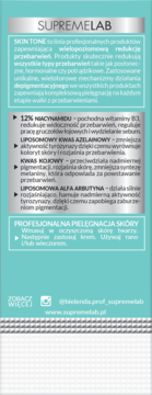 Jasnozielona ulotka Bielenda SupremeLab Skin Tone serum, biały tekst o niacynamidzie, kwasie azelainowym na przebarwienia.