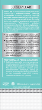 Etykieta kremu Bielenda Supremelab Skin Tone SPF 50 na przebarwienia, biały tekst na turkusowym tle.