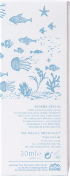 Tył opakowania Yope Waterfully ujędrniającego serum 30ml, z ilustracjami morza i opisem naturalnych składników.