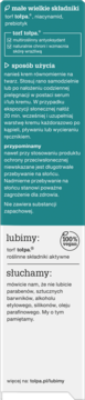 Tołpa: ulotka z opisem Kremu CC SPF 50+, składnikami (torf, niacynamid), sposobem użycia i ostrzeżeniami.