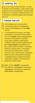 Żółta ulotka serum Tołpa Bionic z witaminą C, tekst o rozświetleniu, nawilżeniu i wyrównaniu kolorytu skóry.