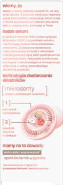 Tołpa Ideal Age Next Retin serum. Infografika z technologią mikrosomów, t-EGF i retinoidami III generacji.