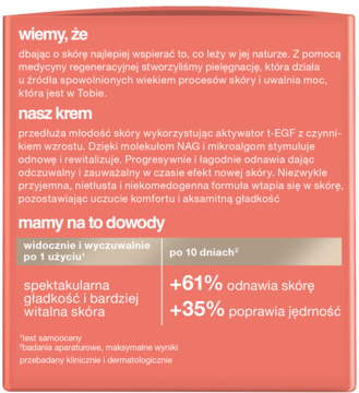 Czerwony panel reklamowy kremu Tołpa Ideal Age z t-EGF i mikroalgami. Widoczne efekty: +61% odnowa skóry, +35% jędrność.
